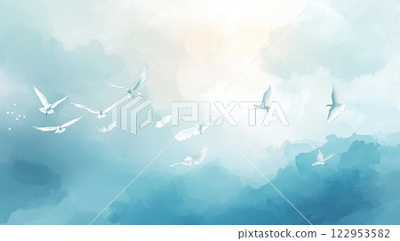 精緻的水彩畫,描繪了一隻白鳥在天空中飛翔 精緻的水彩畫,描繪了一隻白鳥在天空中飛翔 122953582