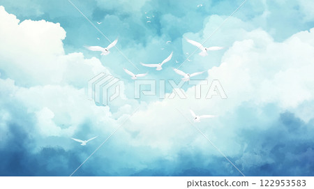 精緻的水彩畫,描繪了一隻白鳥在天空中飛翔 精緻的水彩畫,描繪了一隻白鳥在天空中飛翔 122953583