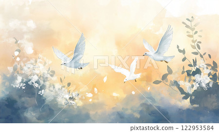 精緻的水彩畫,描繪了一隻白鳥在天空中飛翔 精緻的水彩畫,描繪了一隻白鳥在天空中飛翔 122953584