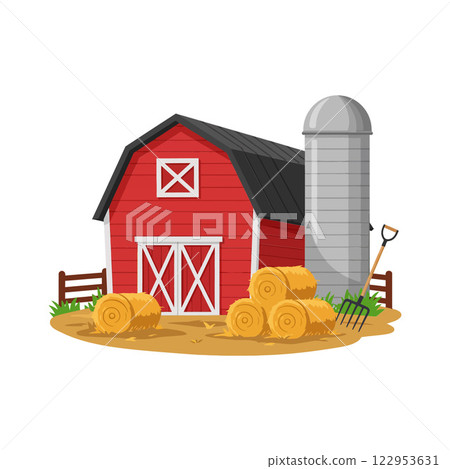 Red barn with silo and hay bales in flat vector art 122953631