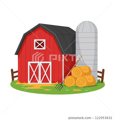 Red barn with silo and hay bales in flat vector art Red barn with silo and hay bales in flat vector art 122953632