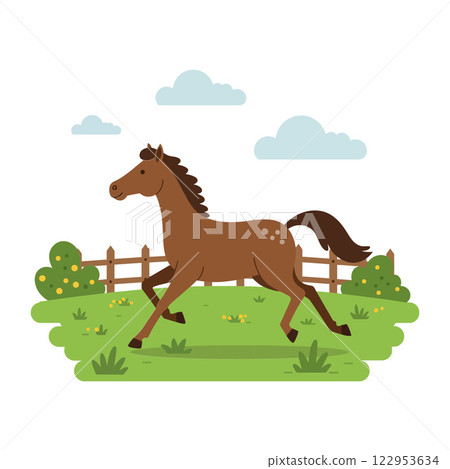 Brown horse running in a grassy field with trees flat vector art Brown horse running in a grassy field with trees flat vector art 122953634