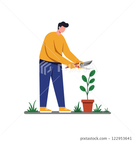 Gardener trimming plant leaves in flat vector illustration style 122953641