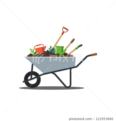 Wheelbarrow filled with gardening tools in flat vector art Wheelbarrow filled with gardening tools in flat vector art 122953666