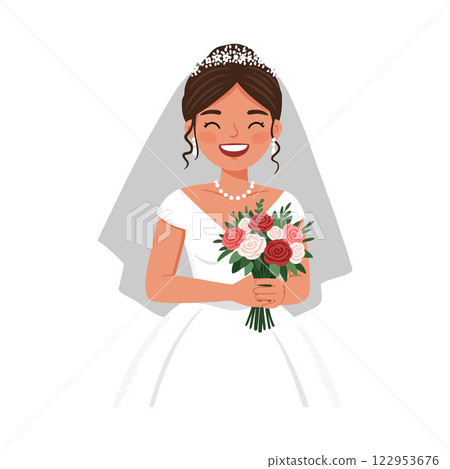 Happy bride holding a bouquet in a minimal vector illustration 122953676