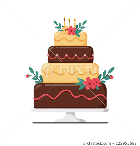 Colorful three-tier birthday cake design in flat vector art style Colorful three-tier birthday cake design in flat vector art style 122953682