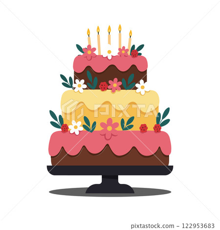 Three-tiered cake with candles and flowers in flat vector art Three-tiered cake with candles and flowers in flat vector art 122953683