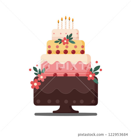 Three-tiered birthday cake design with flowers and candles vector illustration Three-tiered birthday cake design with flowers and candles vector illustration 122953684