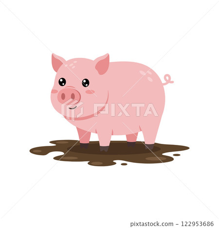 Cute pink pig standing in mud, flat cartoon vector art Cute pink pig standing in mud, flat cartoon vector art 122953686