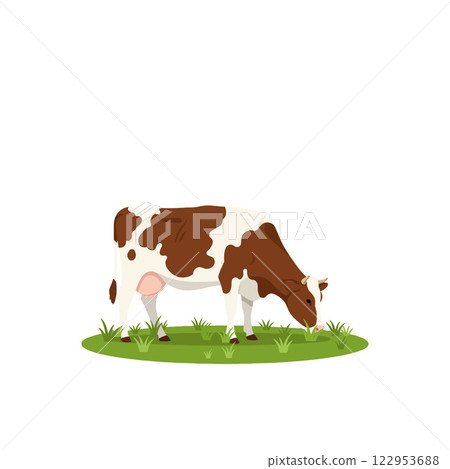 Cow grazing on green grass in flat minimal vector illustration Cow grazing on green grass in flat minimal vector illustration 122953688