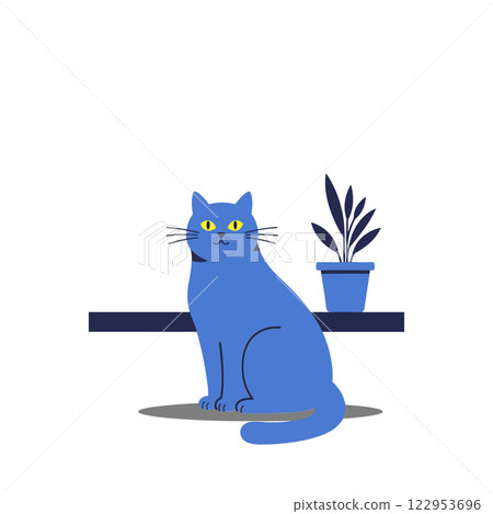Blue cat sitting beside a potted plant in flat vector art Blue cat sitting beside a potted plant in flat vector art 122953696