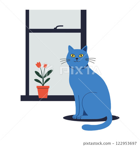 Blue cat sitting by a window with a flower pot vector art Blue cat sitting by a window with a flower pot vector art 122953697