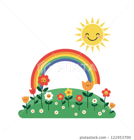Happy sun and rainbow over blooming flowers in flat vector art Happy sun and rainbow over blooming flowers in flat vector art 122953700