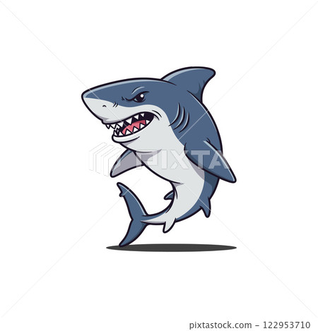 Happy cartoon shark jumping with a smile in flat vector art Happy cartoon shark jumping with a smile in flat vector art 122953710