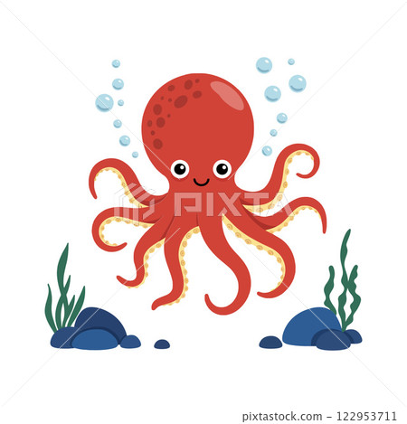 Cute red octopus with bubbles in a flat vector illustration Cute red octopus with bubbles in a flat vector illustration 122953711