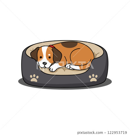 Dog resting comfortably in a cozy bed flat vector illustration Dog resting comfortably in a cozy bed flat vector illustration 122953719