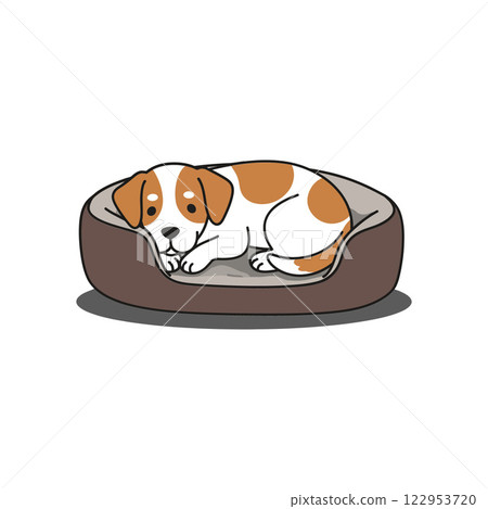 Adorable puppy resting comfortably in a cozy dog bed vector illustration 122953720