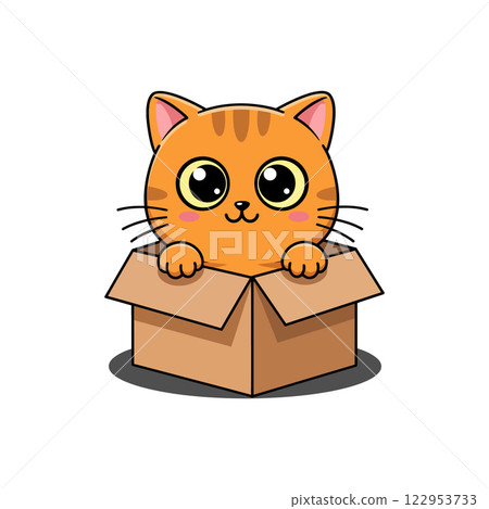 Cute orange cat peeking from a cardboard box in flat vector art 122953733