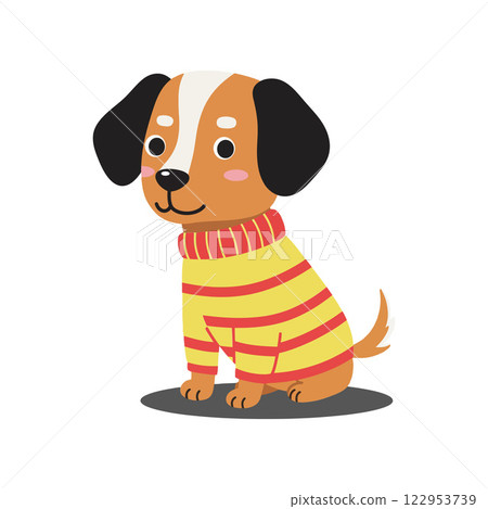 Cute dog wearing a striped sweater in flat vector art 122953739