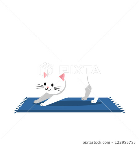 White cat stretching on blue rug in flat vector illustration 122953753