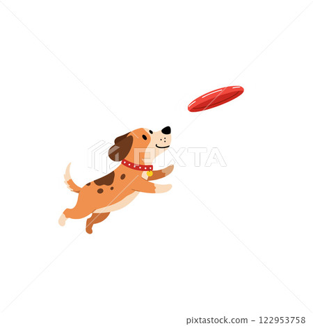 Playful dog jumping to catch a flying frisbee in minimal vector art 122953758