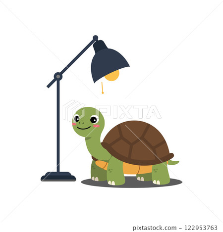 Cute turtle interacting with modern lamp in flat vector art Cute turtle interacting with modern lamp in flat vector art 122953763