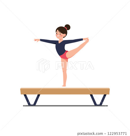 Gymnast performing balance beam routine in flat vector art Gymnast performing balance beam routine in flat vector art 122953771