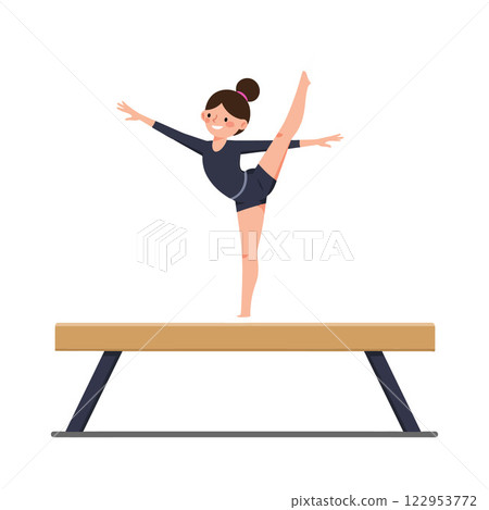 Gymnast performing an elegant balance pose on a beam in vector art Gymnast performing an elegant balance pose on a beam in vector art 122953772