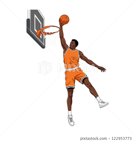 Basketball player performing a slam dunk in flat vector art Basketball player performing a slam dunk in flat vector art 122953773