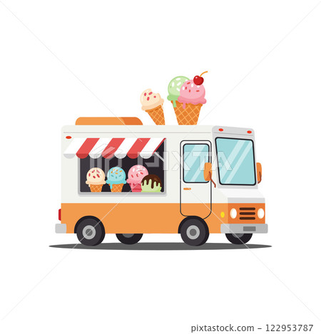 Ice cream truck with colorful cones in flat vector art 122953787