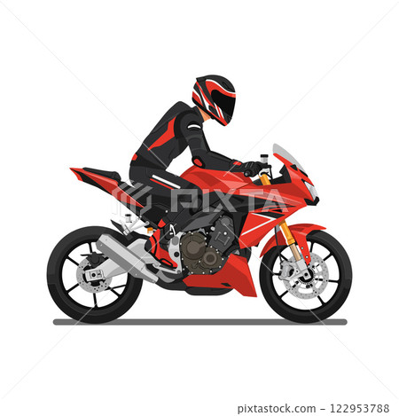 Red motorcycle with rider in flat minimal vector art style 122953788