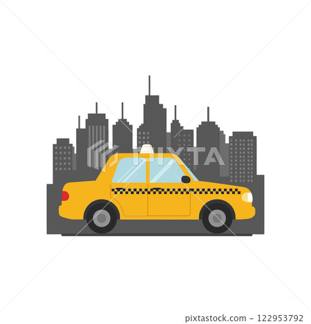 Yellow taxi cab in city skyline flat vector art Yellow taxi cab in city skyline flat vector art 122953792