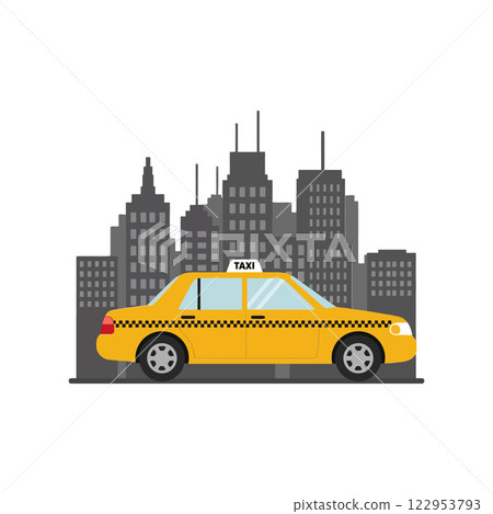 Yellow taxi cab in urban setting with flat design vector art Yellow taxi cab in urban setting with flat design vector art 122953793