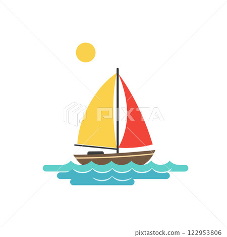 Colorful sailboat floating on waves in flat vector art style Colorful sailboat floating on waves in flat vector art style 122953806