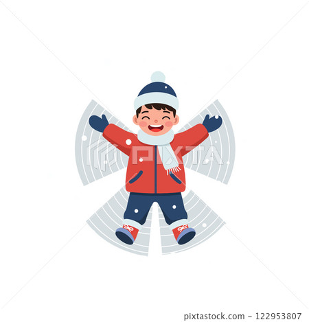 Happy child making snow angel in winter flat vector art 122953807