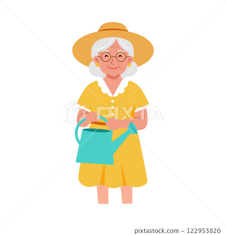 Happy elderly woman gardening in bright yellow dress flat vector art Happy elderly woman gardening in bright yellow dress flat vector art 122953820