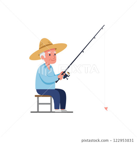Fisherman in straw hat enjoying peaceful fishing moment flat vector art Fisherman in straw hat enjoying peaceful fishing moment flat vector art 122953831
