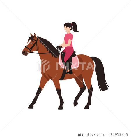 Horse riding scene with a girl in flat vector art style Horse riding scene with a girl in flat vector art style 122953835