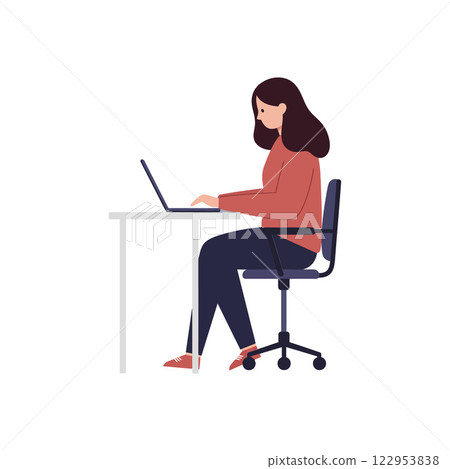 Woman working on a laptop at a desk in flat vector art 122953838