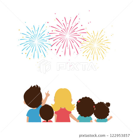 Children Watching Colorful Fireworks in Flat Vector Illustration 122953857