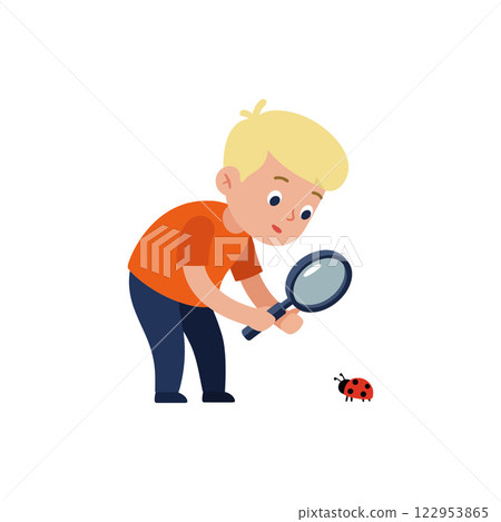 Child observing a ladybug with a magnifying glass in flat vector art Child observing a ladybug with a magnifying glass in flat vector art 122953865