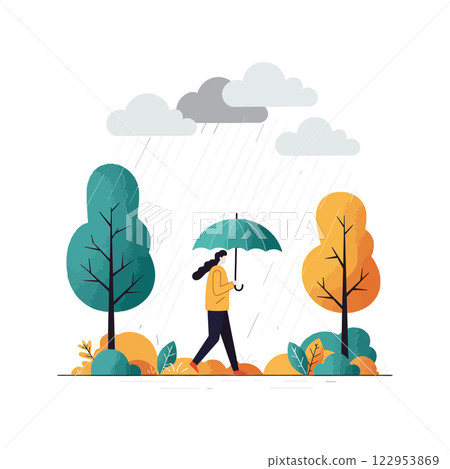 Person walking with umbrella in rain, flat vector art style illustration Person walking with umbrella in rain, flat vector art style illustration 122953869