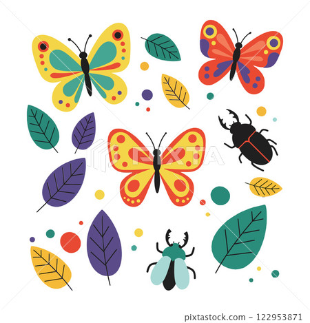 Colorful butterflies and insects in flat design vector art 122953871