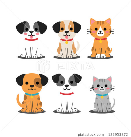 Cute dogs and cat sitting in a flat vector art style 122953872