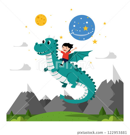 Child riding a friendly dragon in a whimsical flat vector illustration Child riding a friendly dragon in a whimsical flat vector illustration 122953881