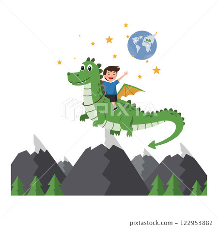 Dragon riding adventure with a joyous boy in flat vector art 122953882