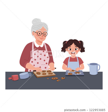 Grandmother and granddaughter baking cookies in flat vector illustration 122953885