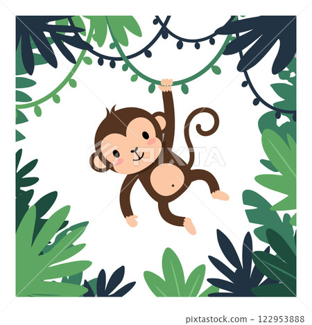Cute monkey swinging through colorful jungle leaves in flat vector art Cute monkey swinging through colorful jungle leaves in flat vector art 122953888