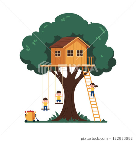Treehouse with children playing under a flat minimal vector illustration Treehouse with children playing under a flat minimal vector illustration 122953892