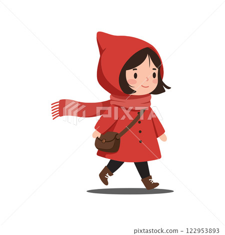 Young girl in red coat walking happily in flat vector art Young girl in red coat walking happily in flat vector art 122953893